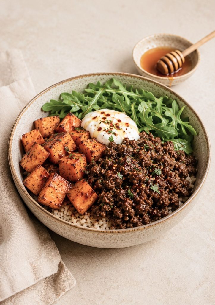 Hot Honey Sweet Potato Beef Bowl