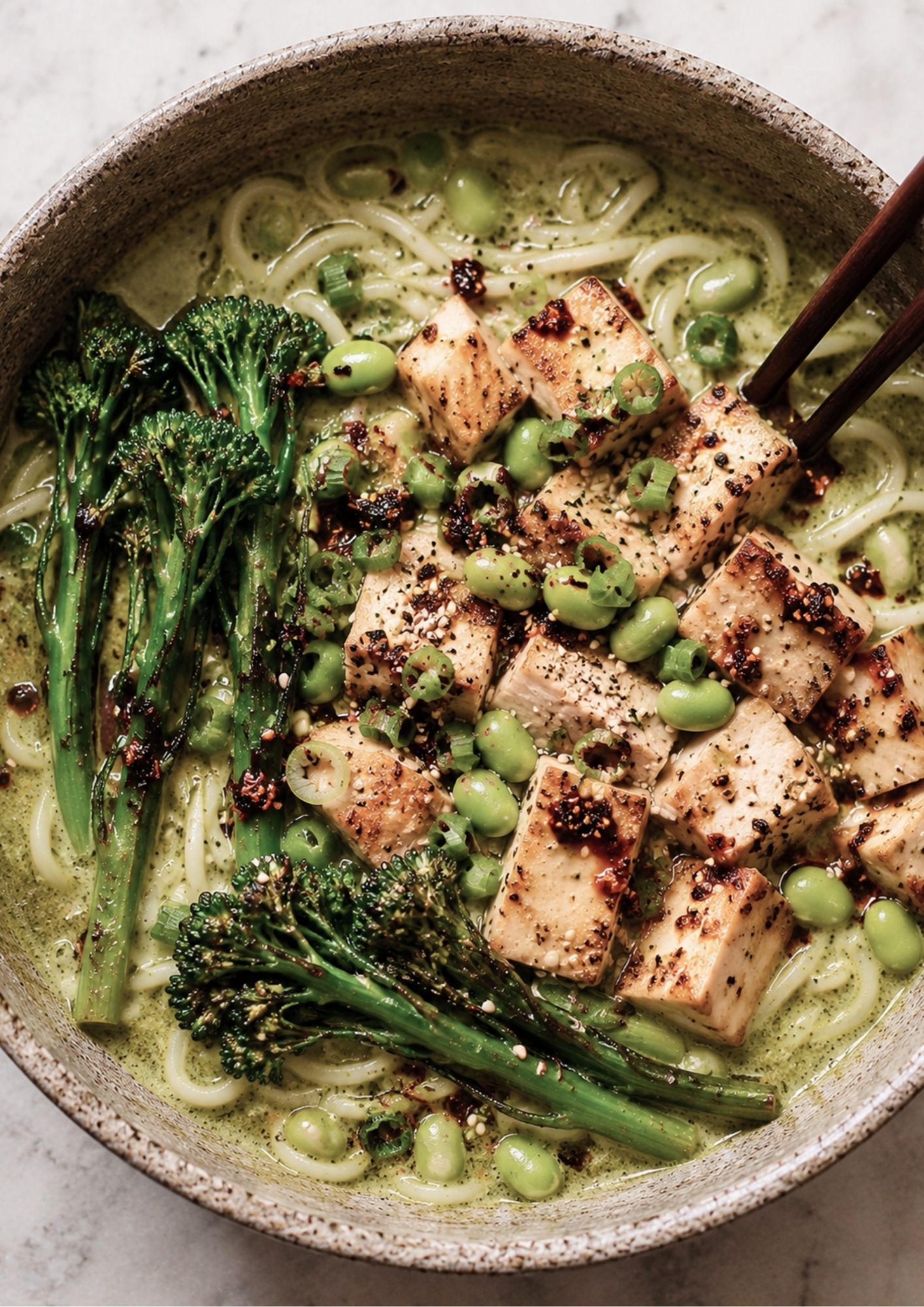 Green Noodle Soup with Crispy Tofu, Broccolini & Edamame