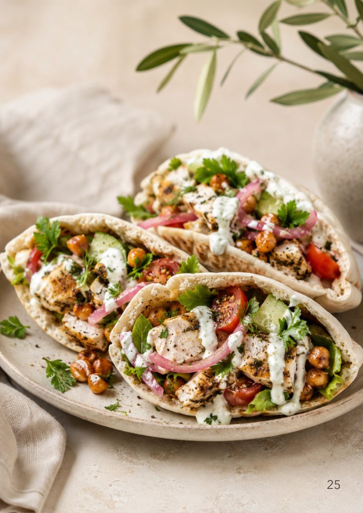 Greek Chicken Pitas with Tzatziki & Crispy Chickpeas